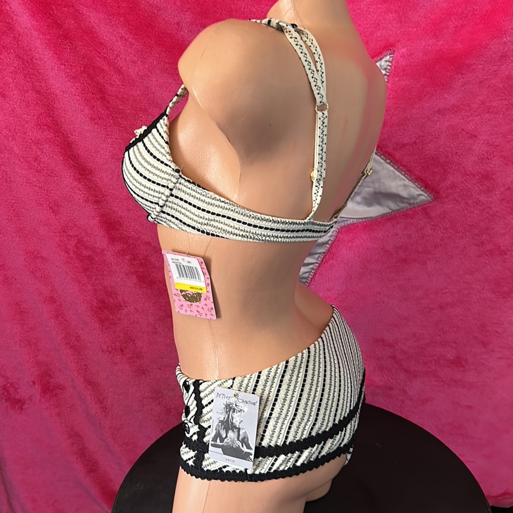 Betsey Johnson black cream striped bikini swimsuit retro dollbaby vintage skirt - Picture 16 of 16